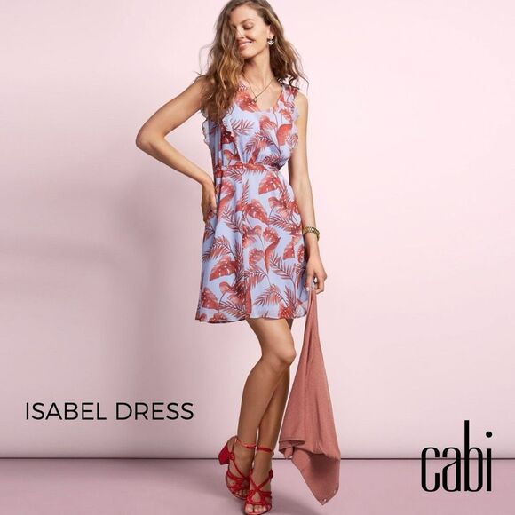 CABI Women’s Sky Blue Orange Palm Leaf Sleeveless Isabel Dress Size Medium Style - Picture 2 of 7